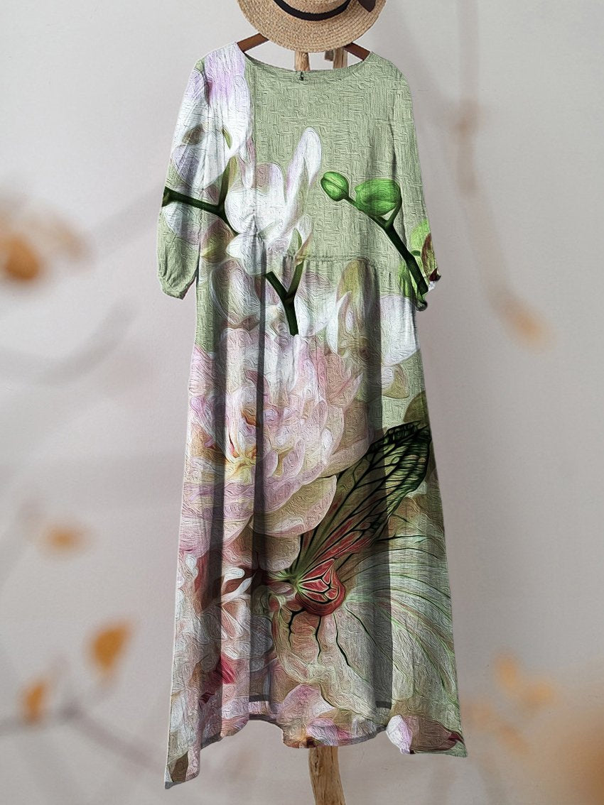 Women's Vintage Oil Painting Texture Floral Print Pocket Cotton Dress