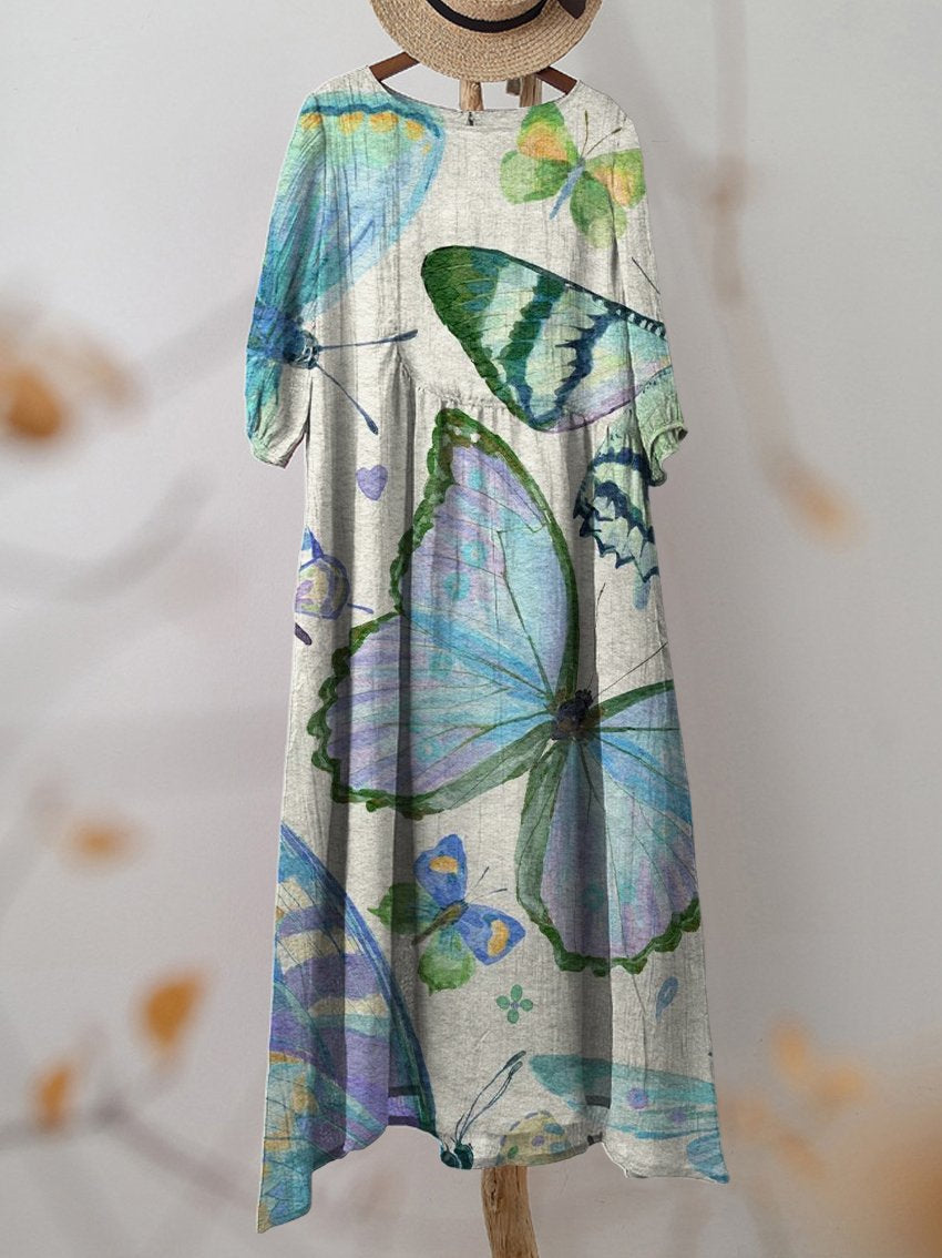 Women's Vintage Blue Butterfly Print Pocket Cotton Dress