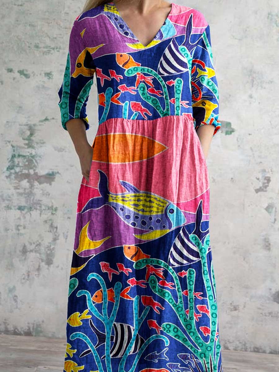 Women's V-neck Underwater World Pattern  Cotton and Linen Dress With Pockets