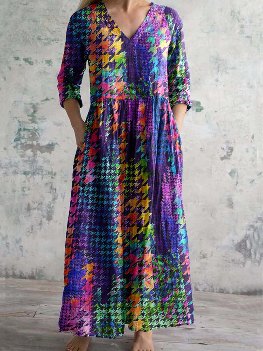 Women's V-Neck Rainbow Houndstooth Print Pattern Cotton And Linen Dress With Pockets
