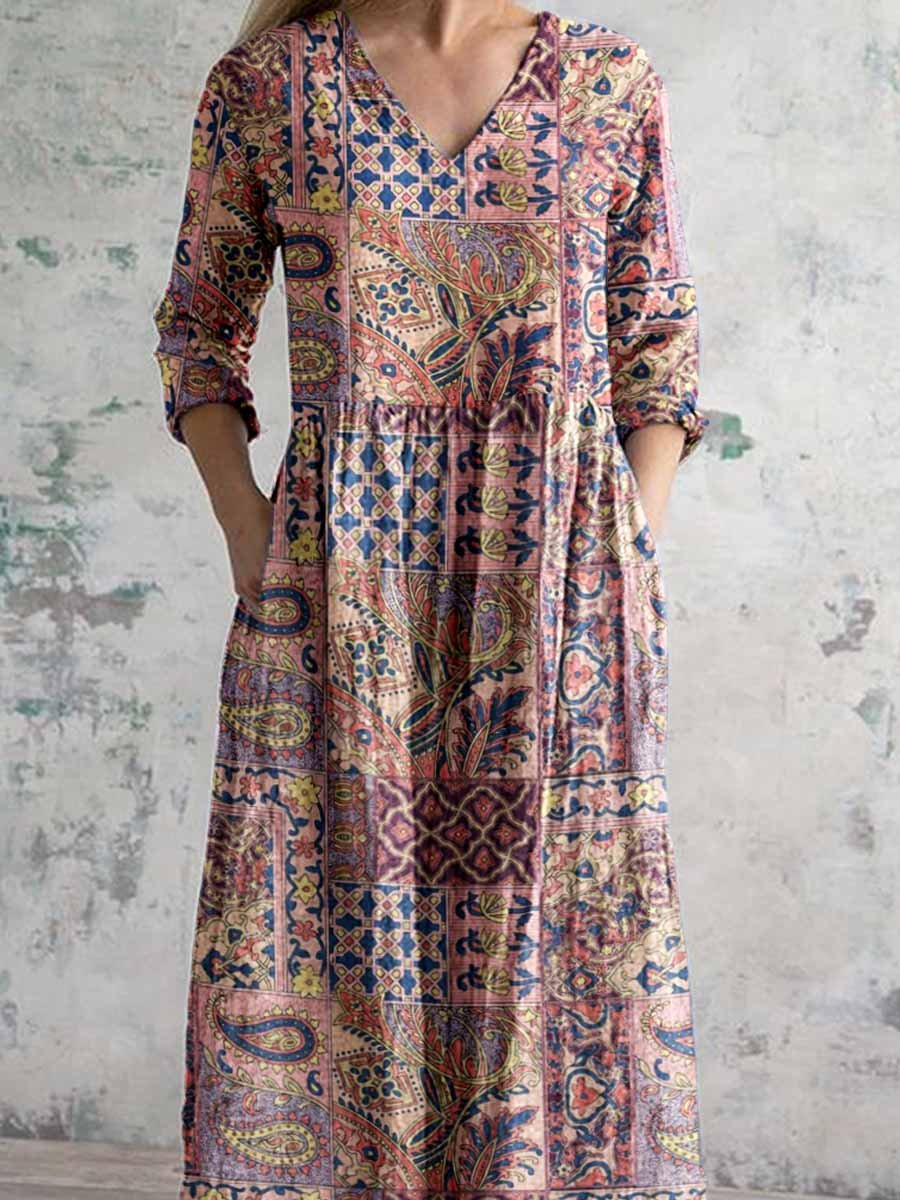 Women's Kantha Style Floral Pattern V Neck Cotton Fabric Dress with Pockets