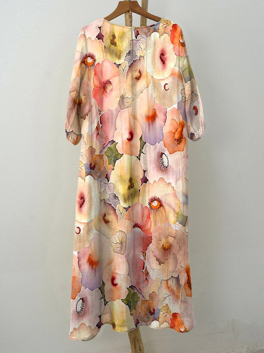 Women's Elegant Pink Watercolor Floral Print Pocket Cotton Dress