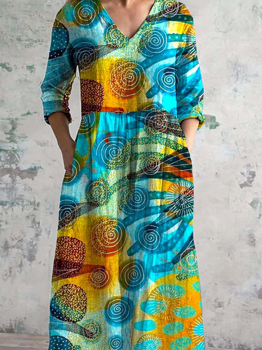 Women's V-neck Underwater World Seaweed Cotton And Linen Dress With Pockets