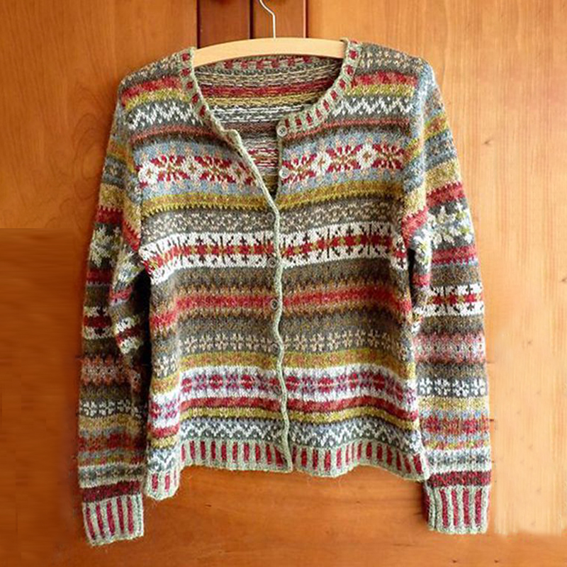 Vintage Tribal Geometry Rainbow Button Comfy Sweater