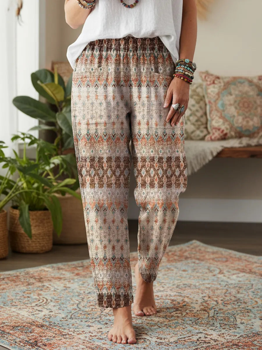 Ethnicity Geometry Totem Rhombus Women's Printed Cotton And Linen Casual Pants