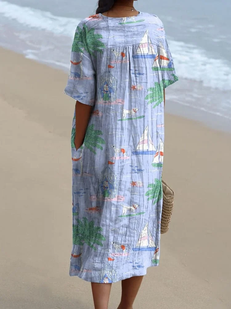 Summer Vacation And Puppy Dog Pattern Printed Women's Flowy Dress