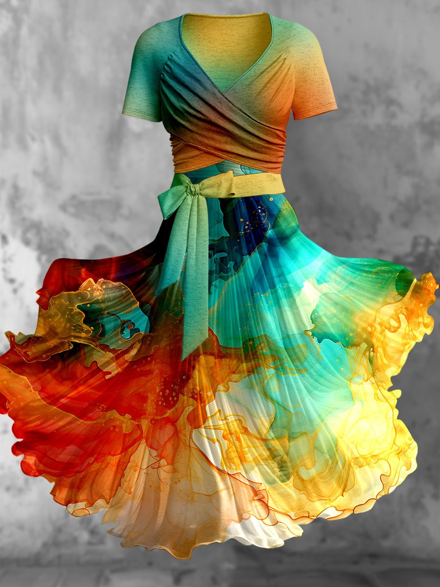 Flowing Watercolor Gradient Fluid Art Print Dress