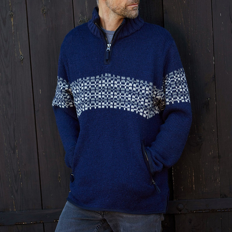 Vintage Warmth Norwool Icelandic Knit Jacquard Half Zip Collar Sweater