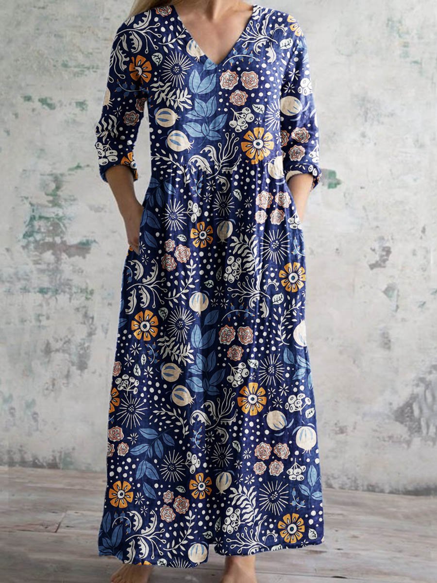 Women's Elegant Vintage Floral Pattern Cotton Dress With Pockets