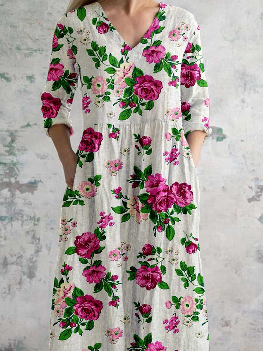 Women's Rose Floral Pattern V-Neck Cotton and Linen Dress with Pockets