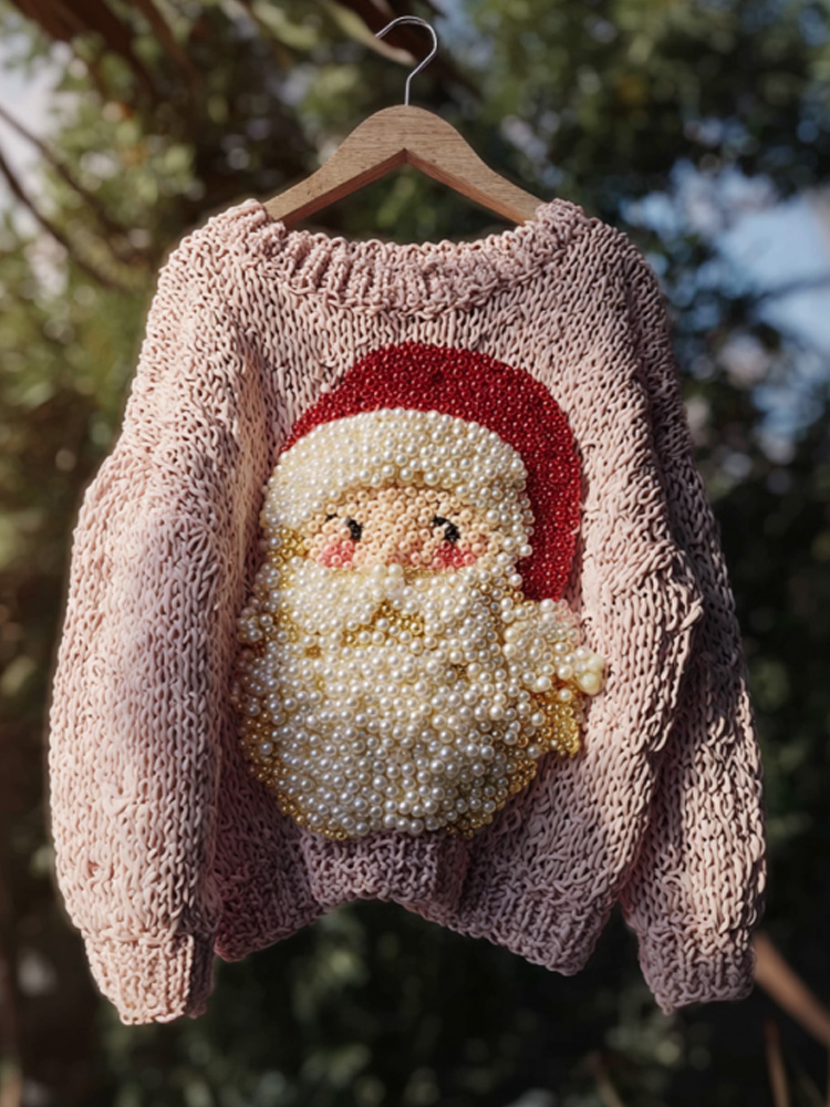 Santa Claus Embroidered Pearl Crew Neck Sweater