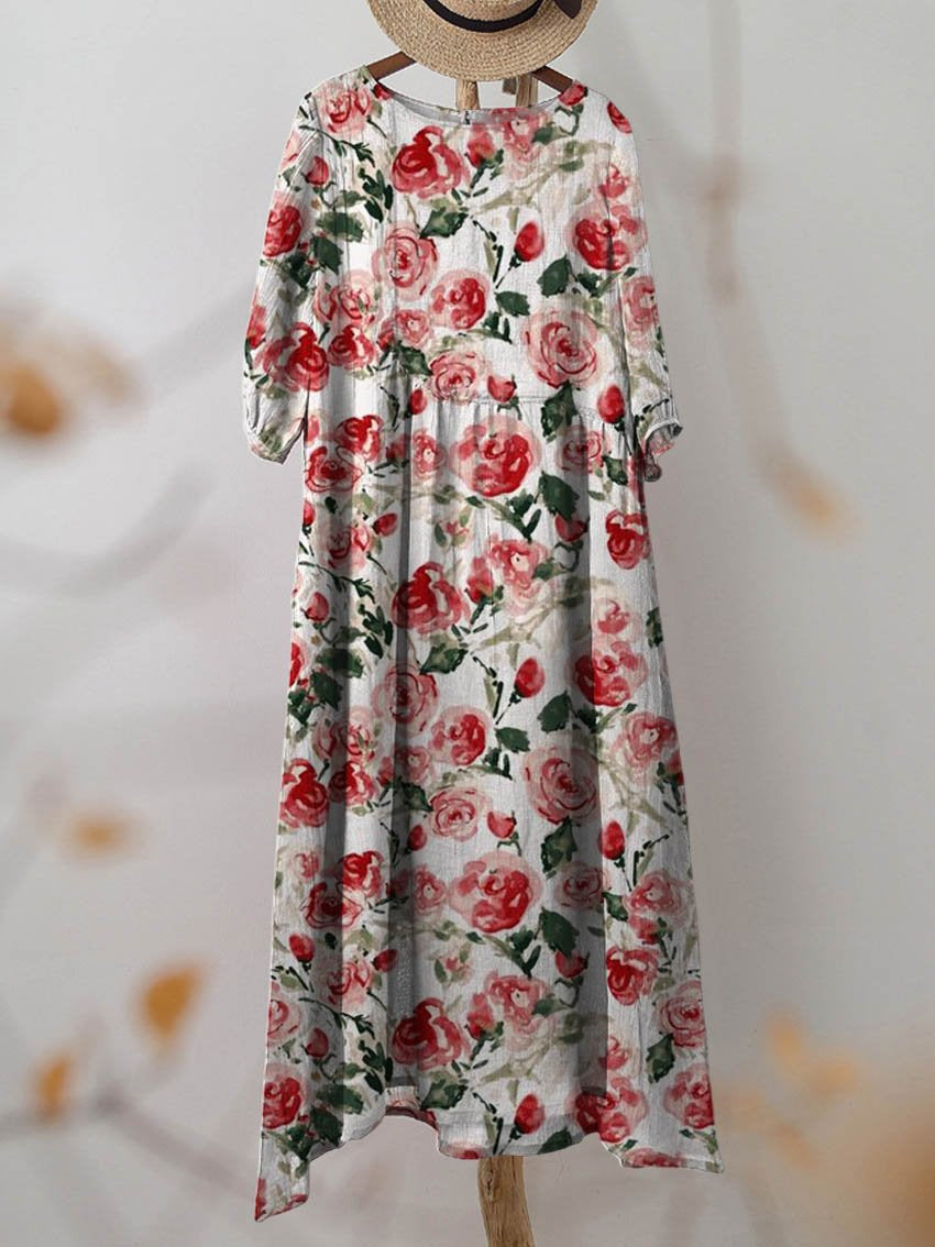 Women's Vintage Floral Art Print Pocket Cotton Dress