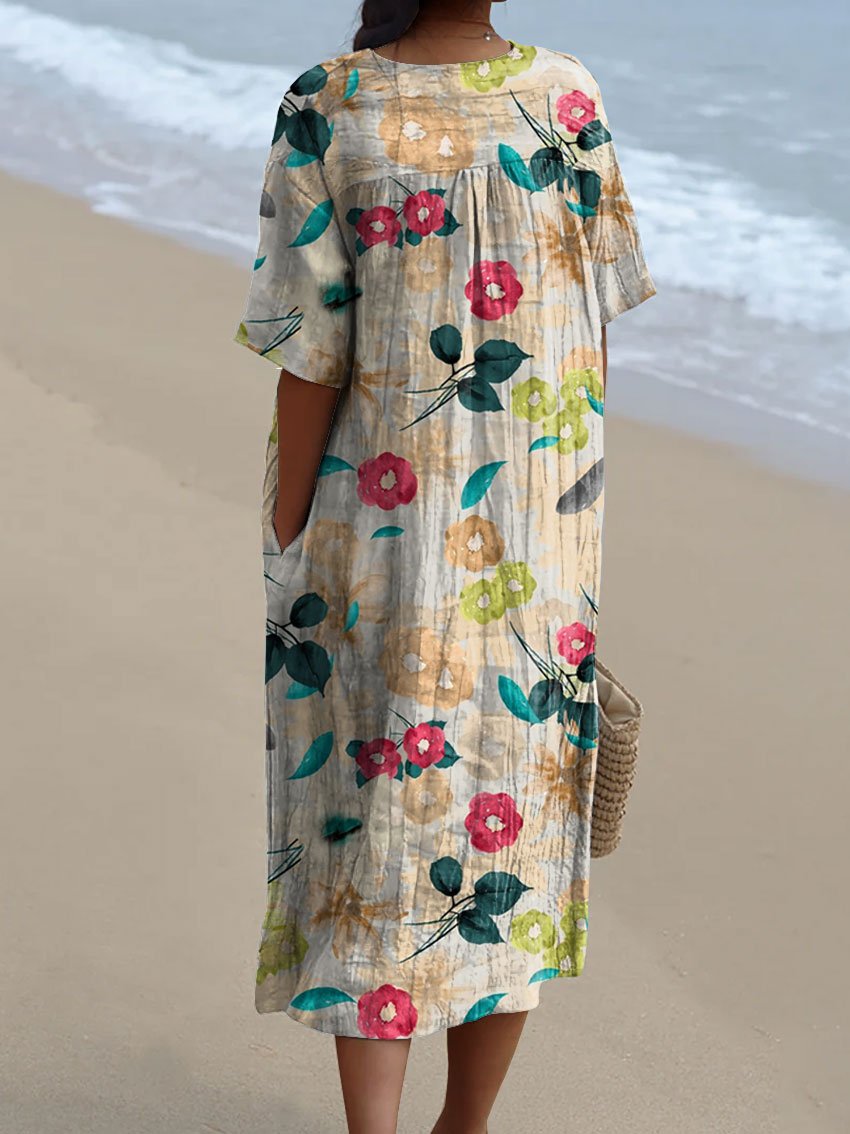 Women's Flower Watercolor Splash Fluid Art Print Flowy Dress