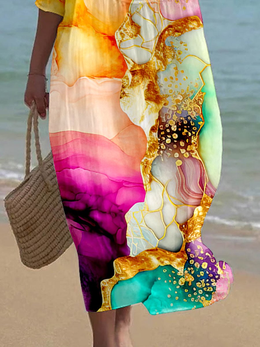 Women's Floral Alcohol Ink Art Printed Casual Holiday Dress