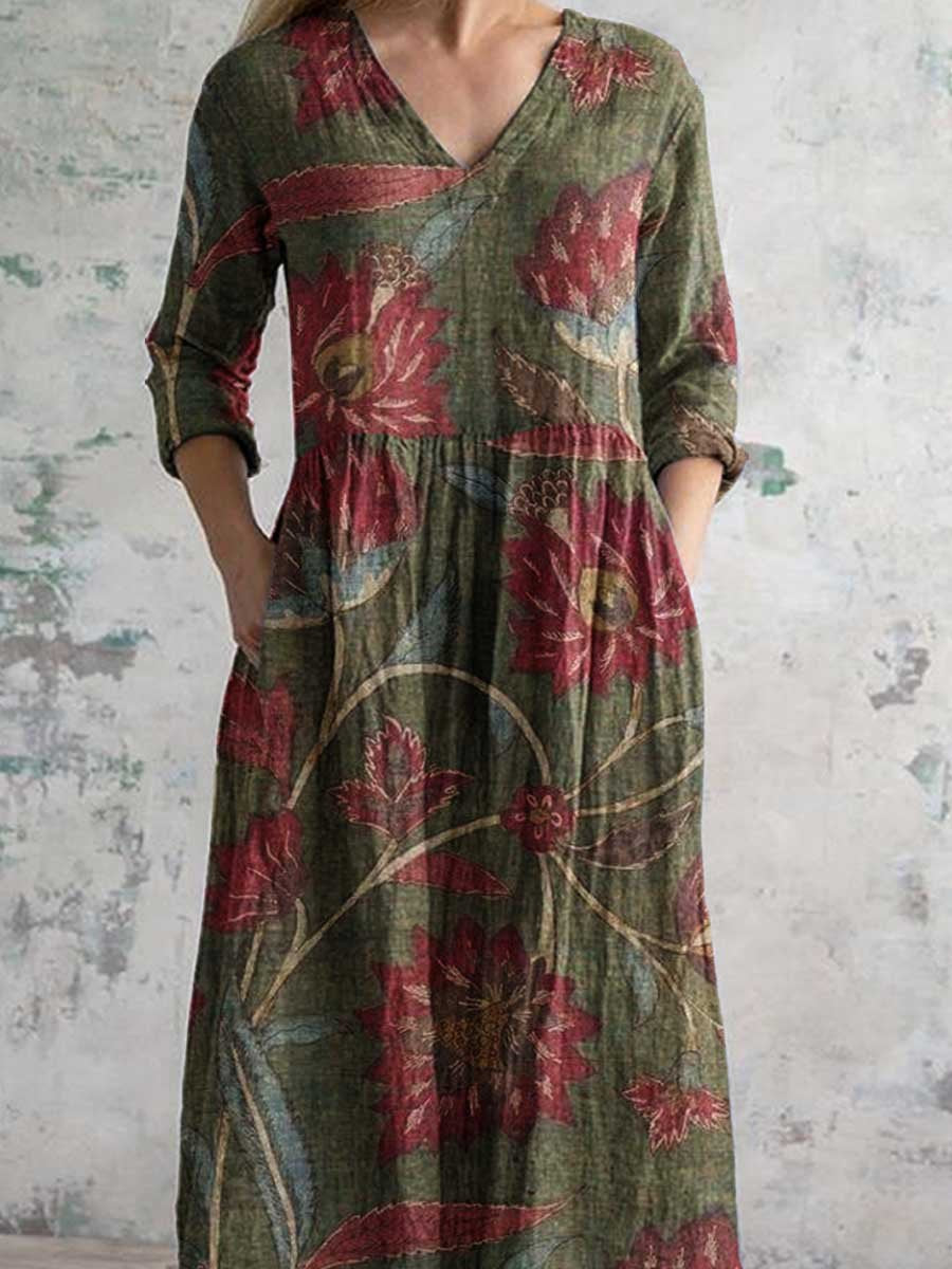 Women's Elegant Floral Pattern V-Neck Cotton Fabric Dress with Pockets