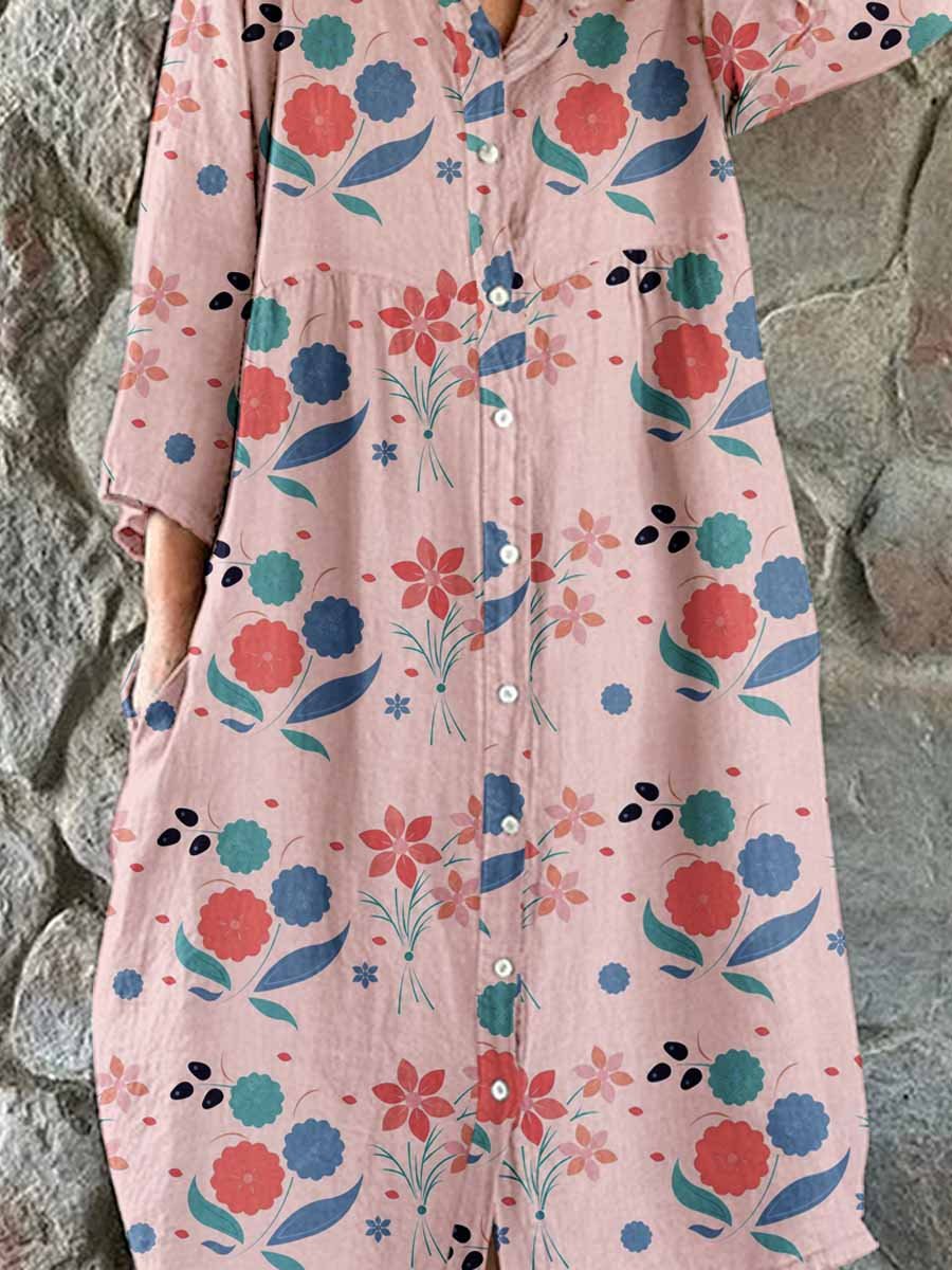 Women's Elegant Floral Print Cotton and Linen Shirt Dress