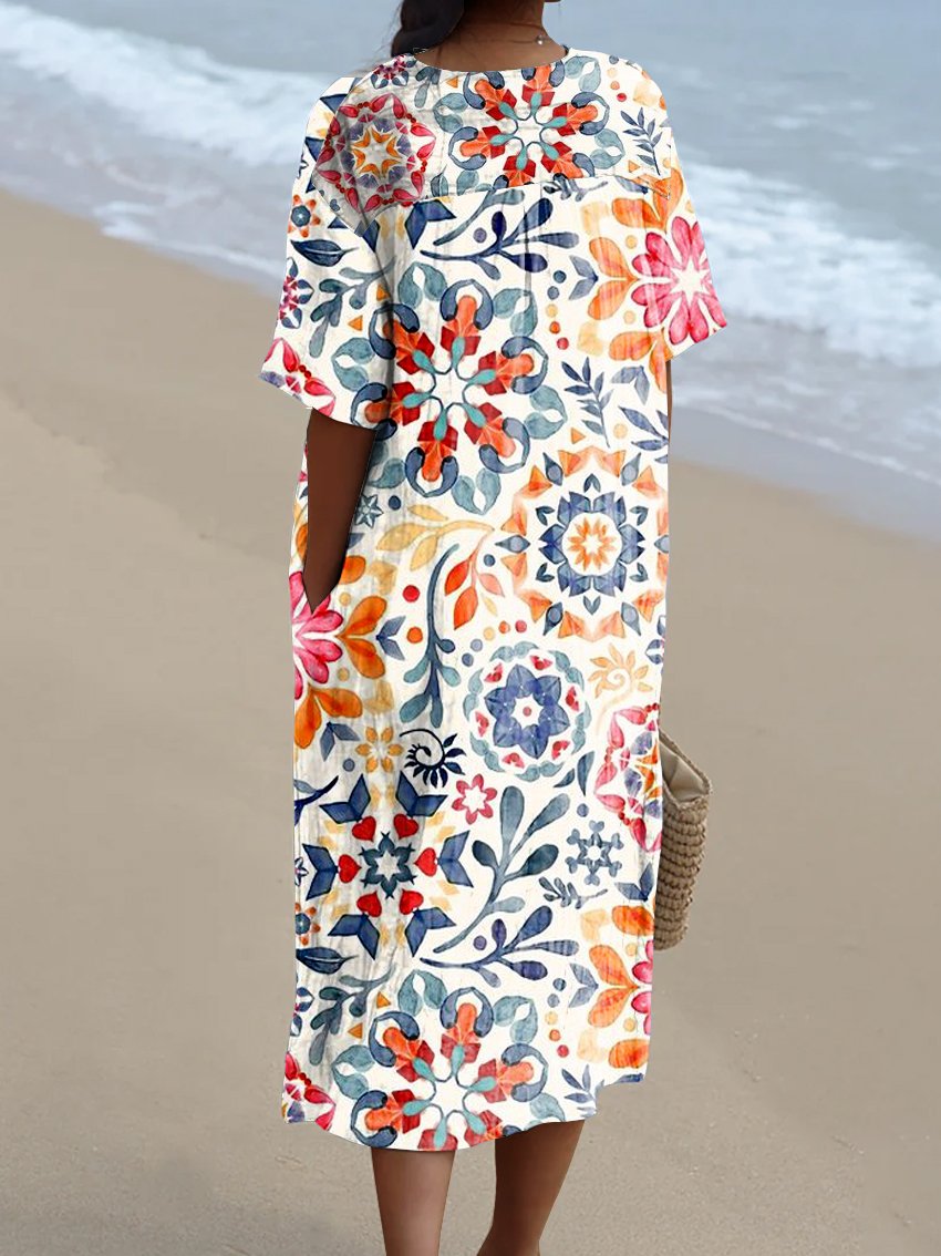 Women's Colorful Watercolor Vintage Floral Print Pocket Linen Dress
