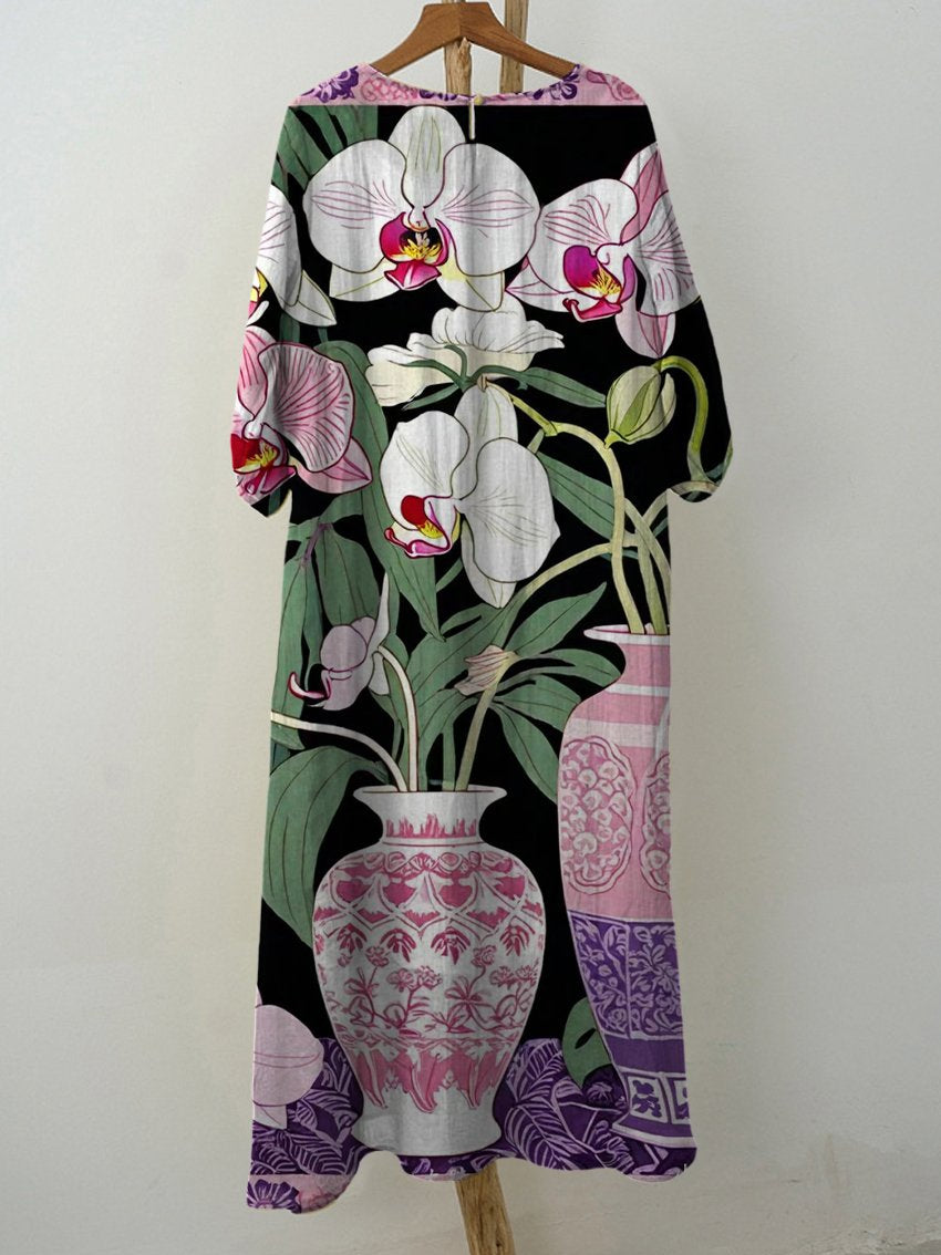 Women's Vintage Phalaenopsis Floral Print Pocket Cotton Dress