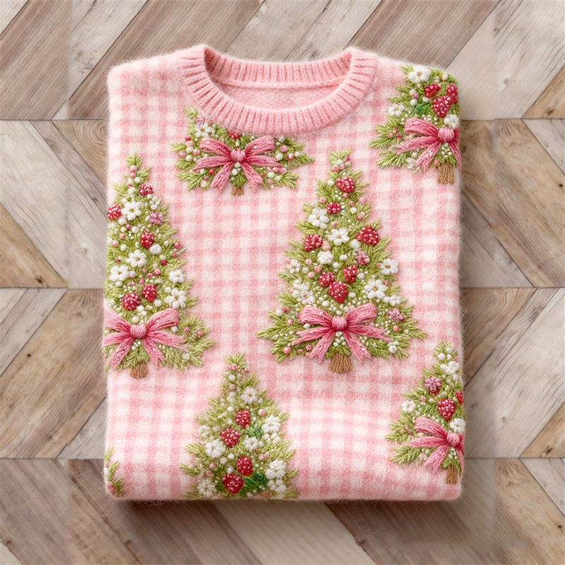 Cottage Berry Floral Christmas Tree Check Cozy Sweater