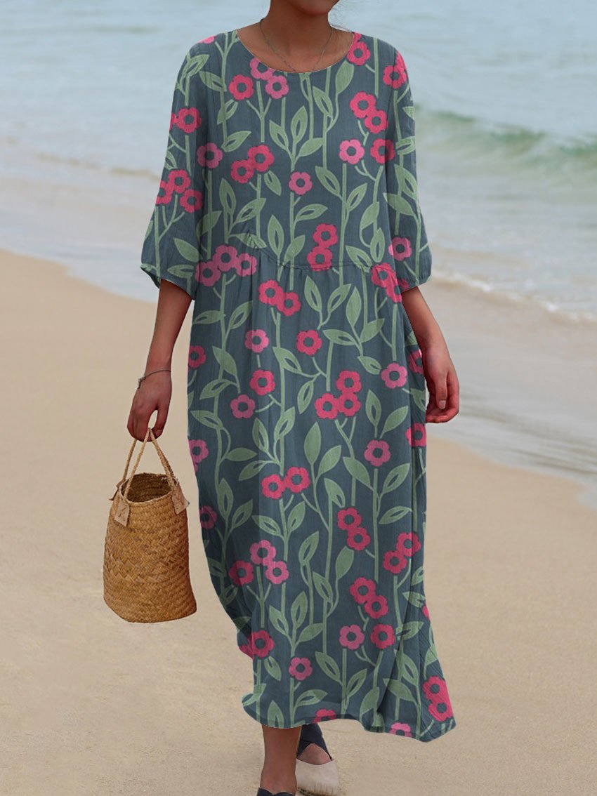 Women's Flower Print Pocket Cotton Dress