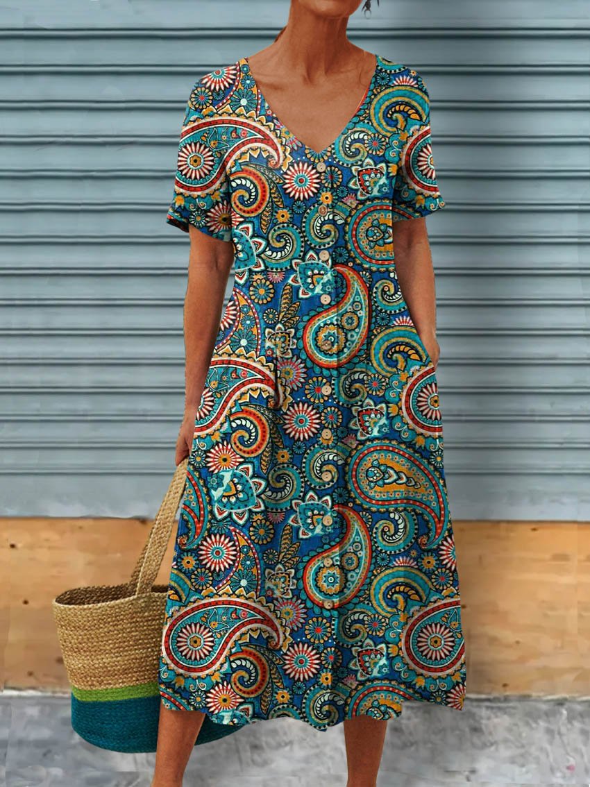 Women's Vintage Ethnic Floral Art Print Linen Pocket Tunic Dress