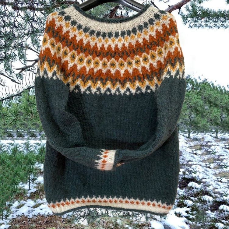Vintage Orange Heart Icelandic Knit Jacquard Warmth Crew Neck Sweater