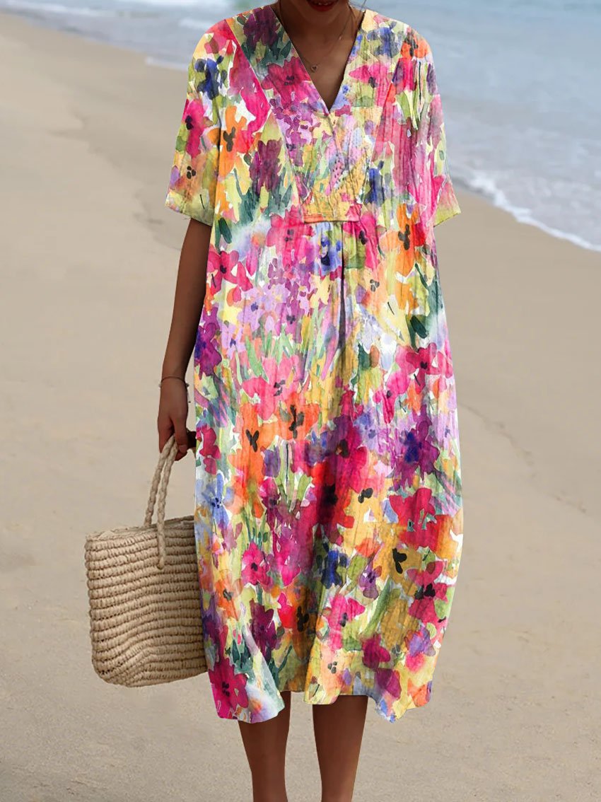 Women's Colorful Watercolor Floral Print Print Pocket Linen Dress