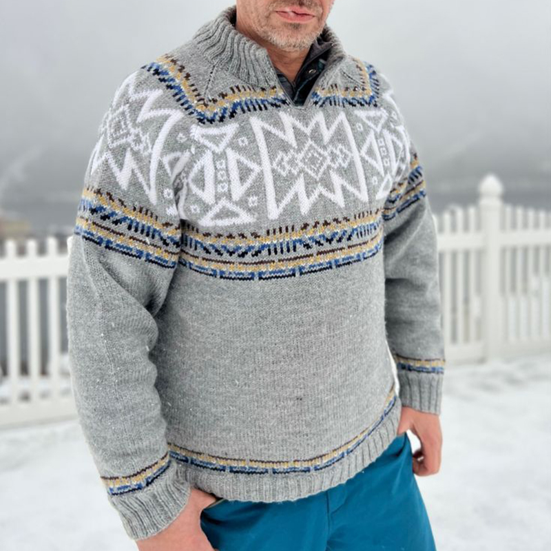 Vintage Knit Jacquard Iceland Half Zip Neck Sweater