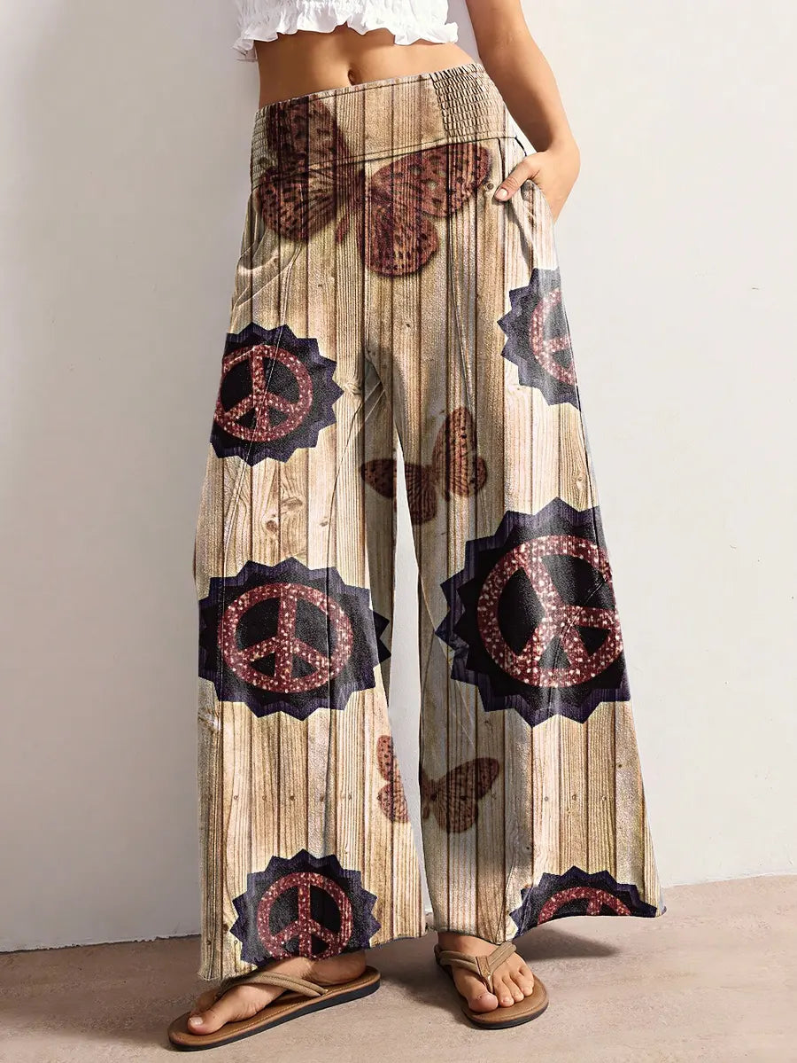 Women's Butterfly Hippie Pattern Art Print Stretch Wide-leg Pants