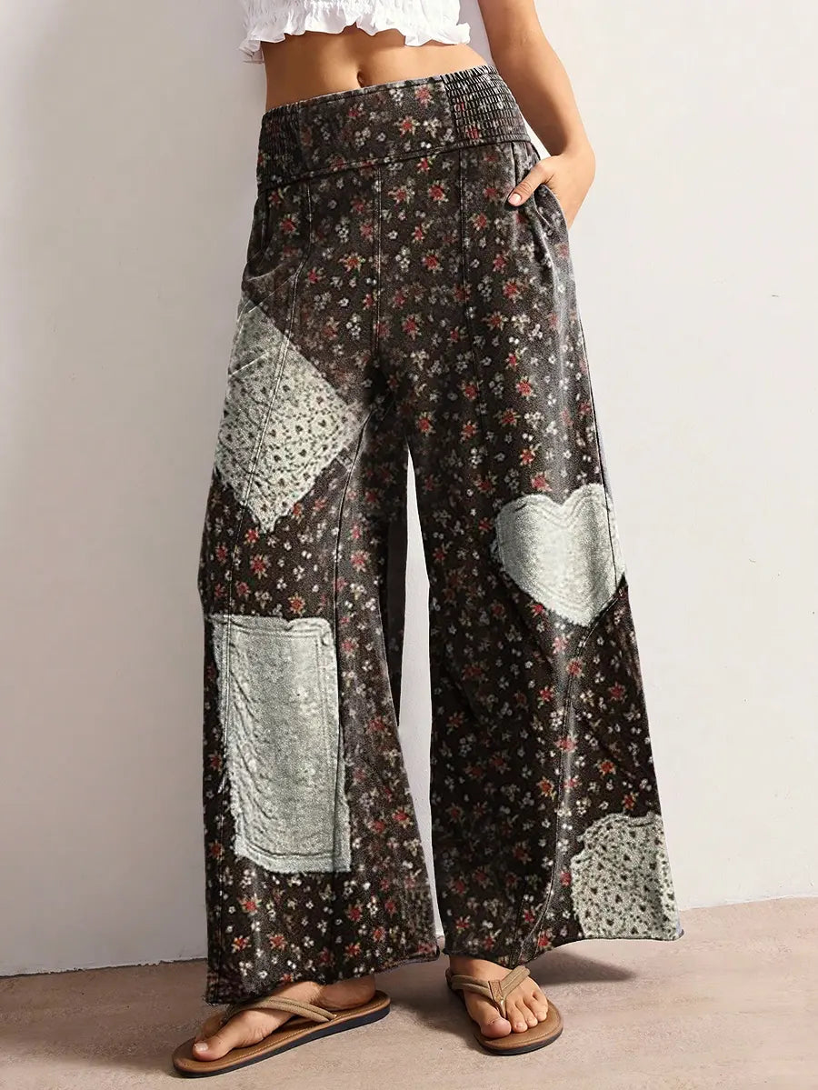 Women's Vintage Floral Patchwork Art Print Stretchy Wide-leg Pants