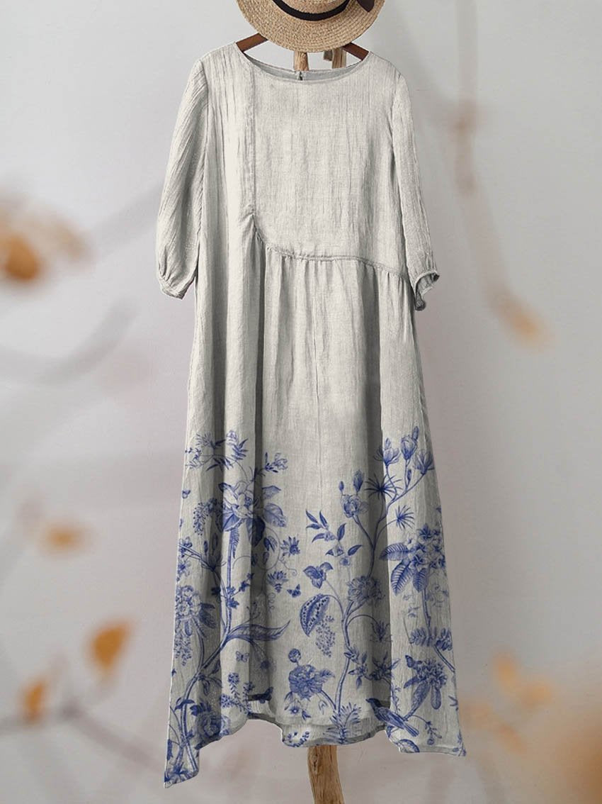 Women's Vintage Floral Art Print Pocket Cotton Dress