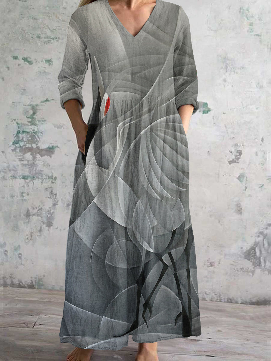 Women's V Neck Abstract Red Crowned Crane Art Print Cotton and Linen Pocket Dress