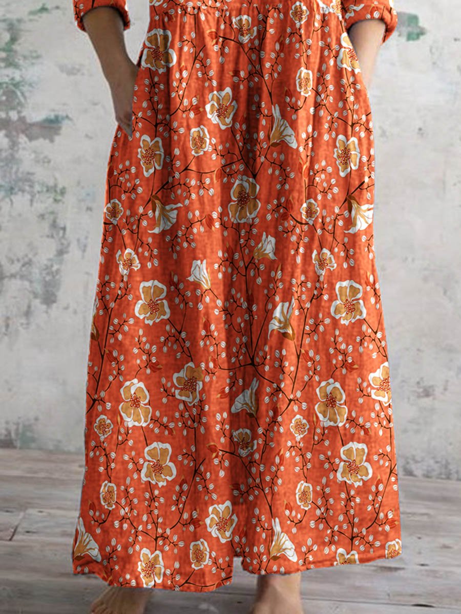 Women's Elegant Vintage Floral Pattern Cotton Dress With Pockets