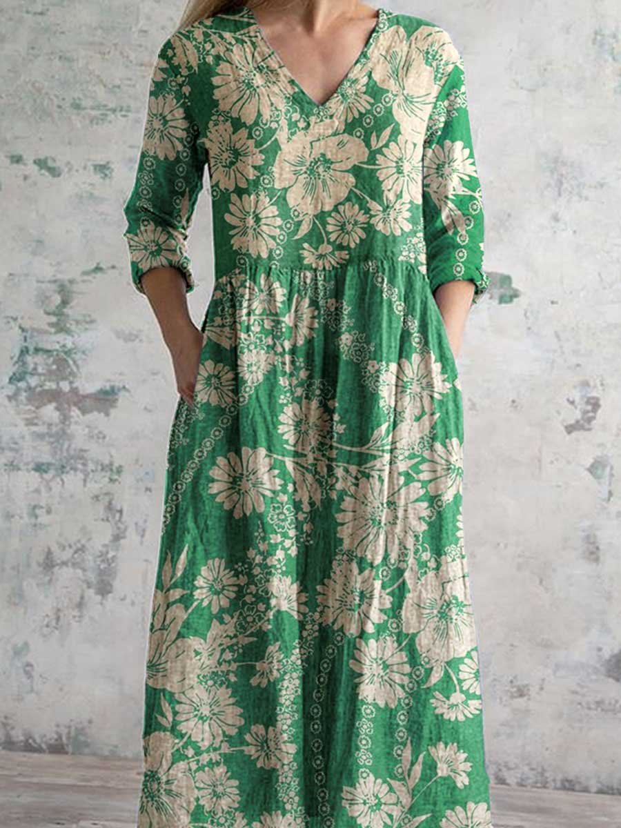Women's V-neck Elegant Poppy Floral Print Cotton Dress