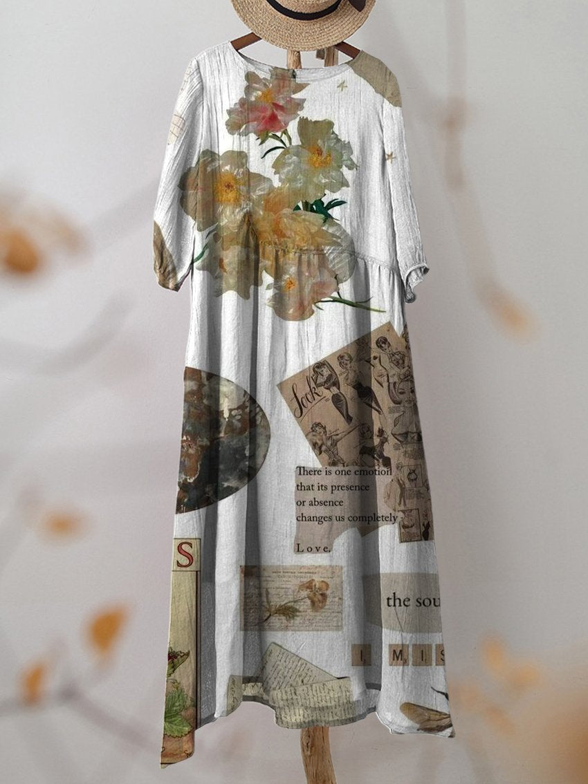 Women's Vintage Collage Floral Print Pocket Cotton Dress