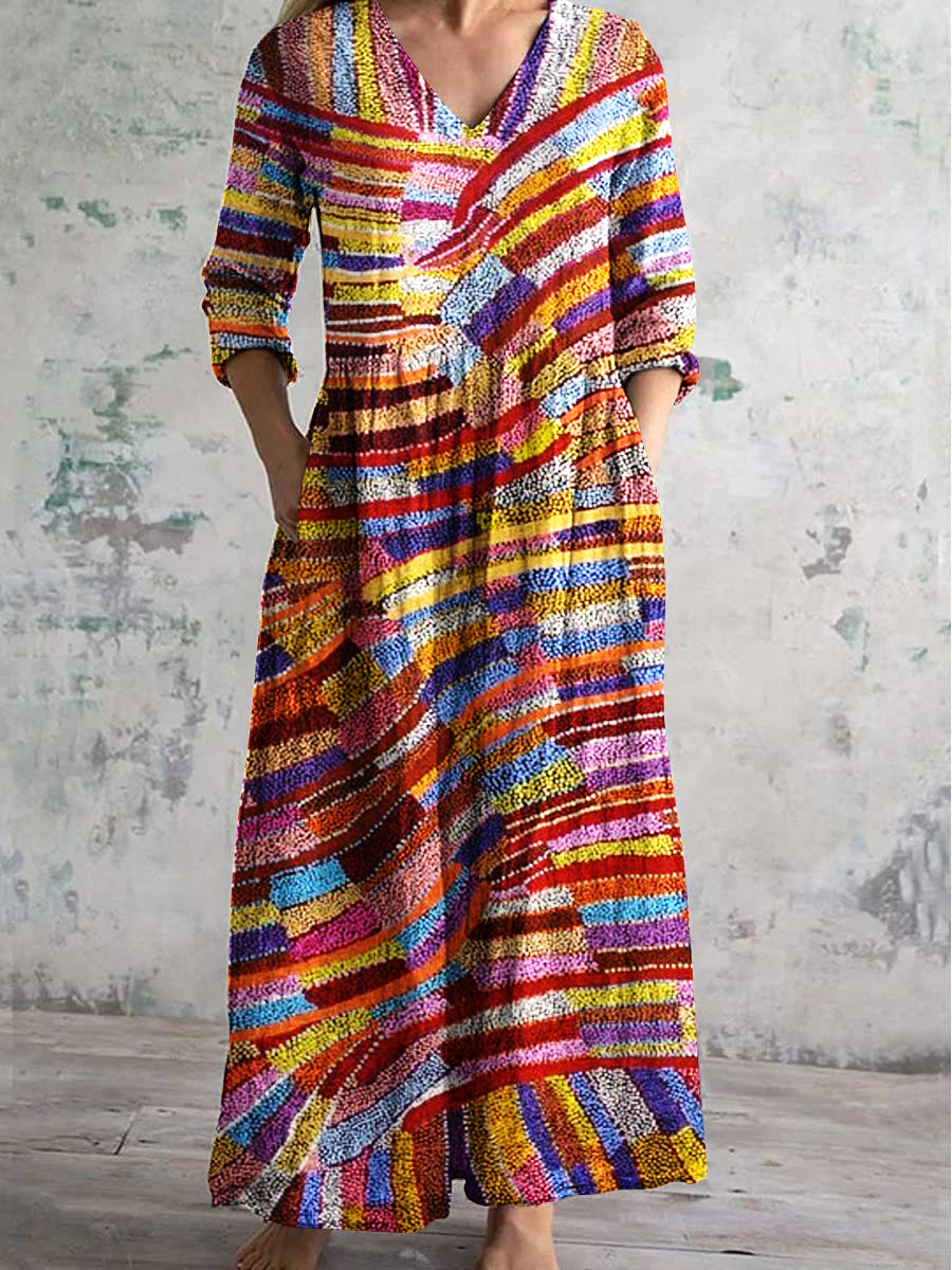 Women's V-Neck Geometric Pattern Long Sleeve Dress With Pockets