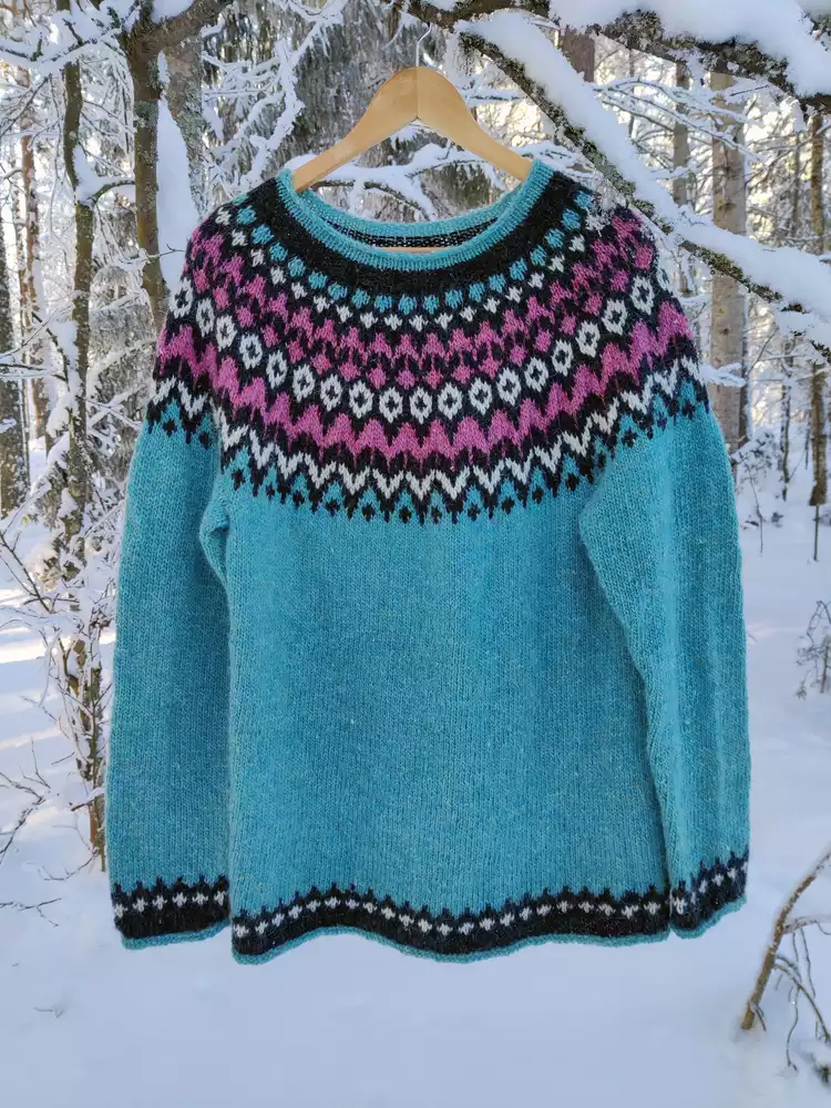 Unisex Vintage Icelandic Blue Knit Jacquard Warmth Crew Neck Sweater