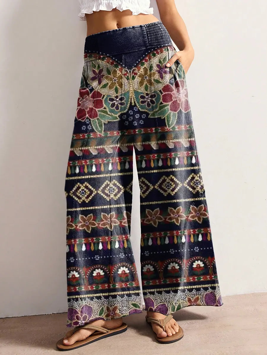 Women's Ethnic Floral Pattern Art Print Stretch Wide-leg Pants