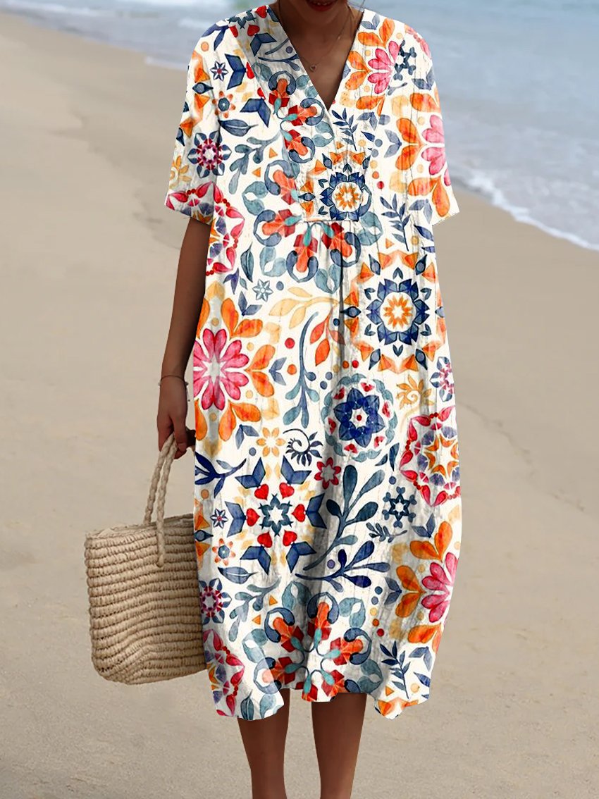 Women's Colorful Watercolor Vintage Floral Print Pocket Linen Dress