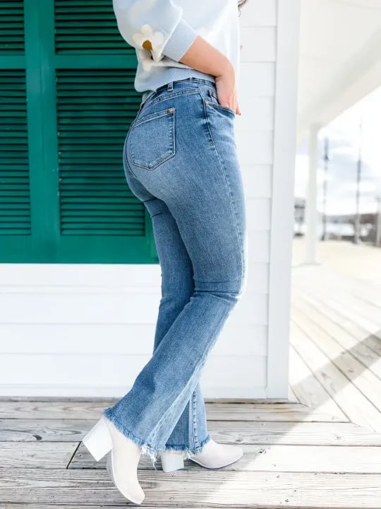 Vintage Double Button Frayed Hem Bootcut Jeans (Buy 2 Free Shipping)