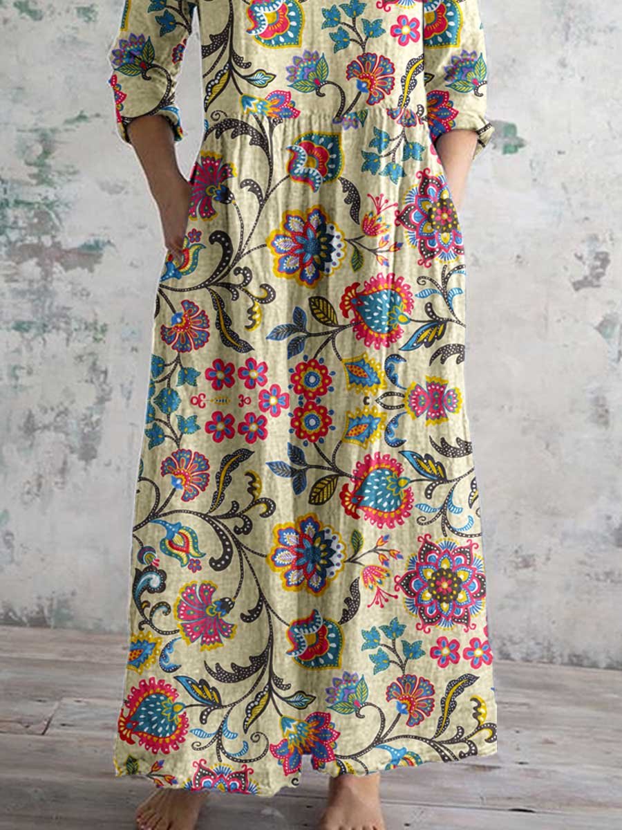 Women's Elegant Floral Pattern V-Neck Cotton Fabric Dress with Pockets