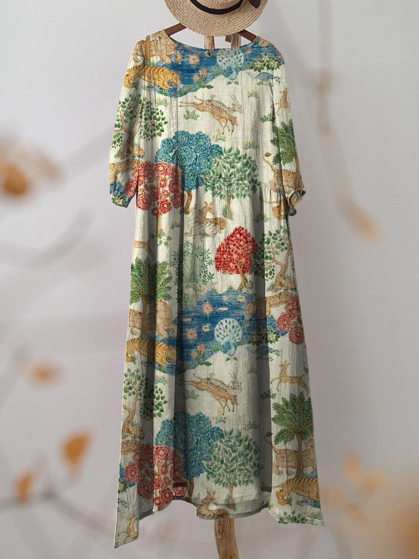 Women's Vintage Animal Forest Print Pocket Cotton Dress
