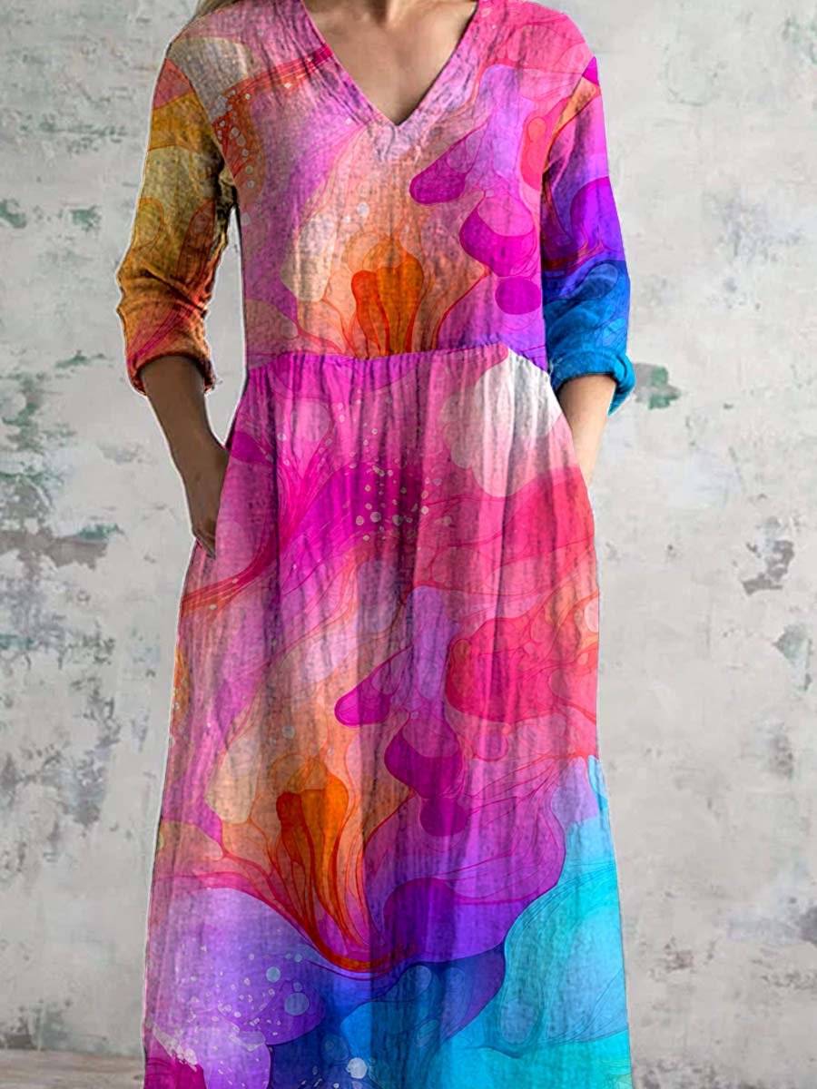 Women's V-neck Splash Art Cotton And Linen Dress With Pockets