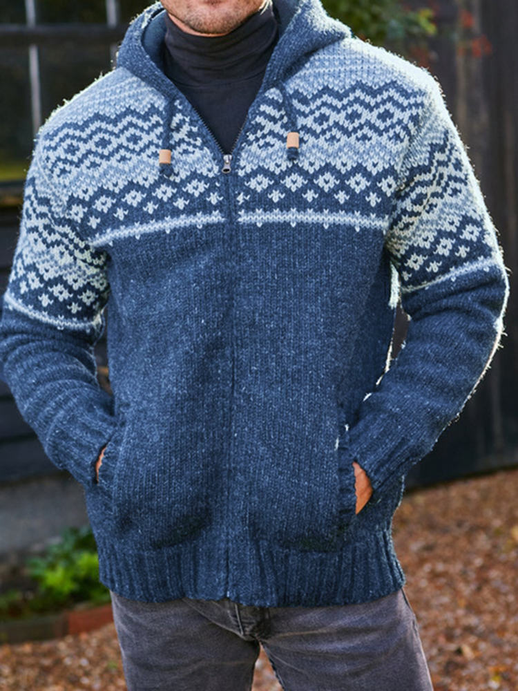 Mens Vintage Fair Isle Knitted Hooded Cardigan
