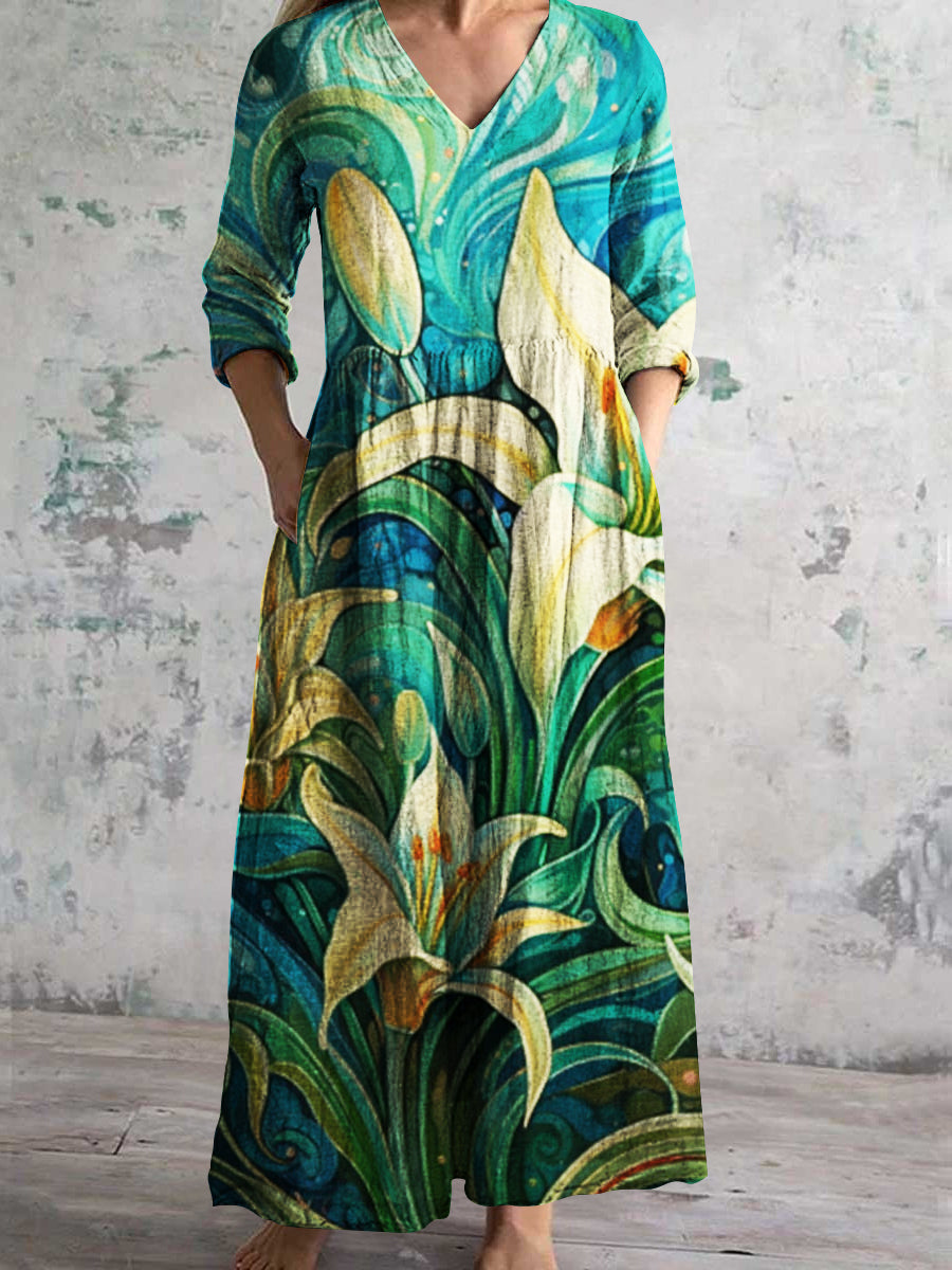 Women's V-Neck Elegant Artistic Floral Cotton Linen Dress