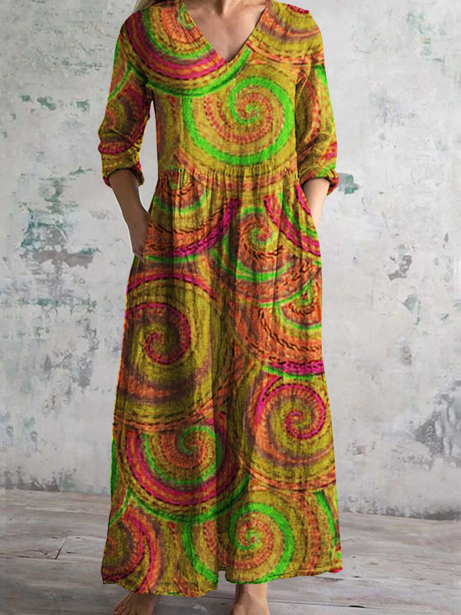 Women's V-neck Vintage Elegant Art Geometric Painted Long Sleeve Dresses