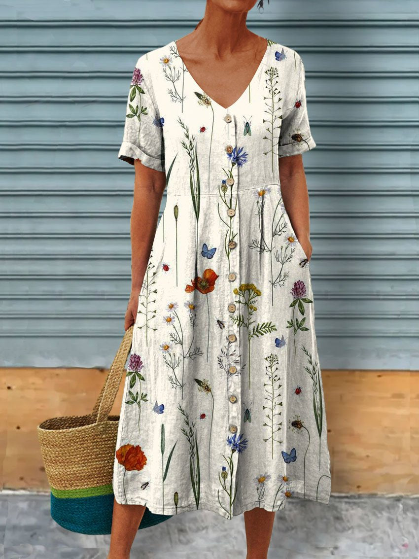 Women's Vintage Floral Art Print Linen Pocket Tunic Dress