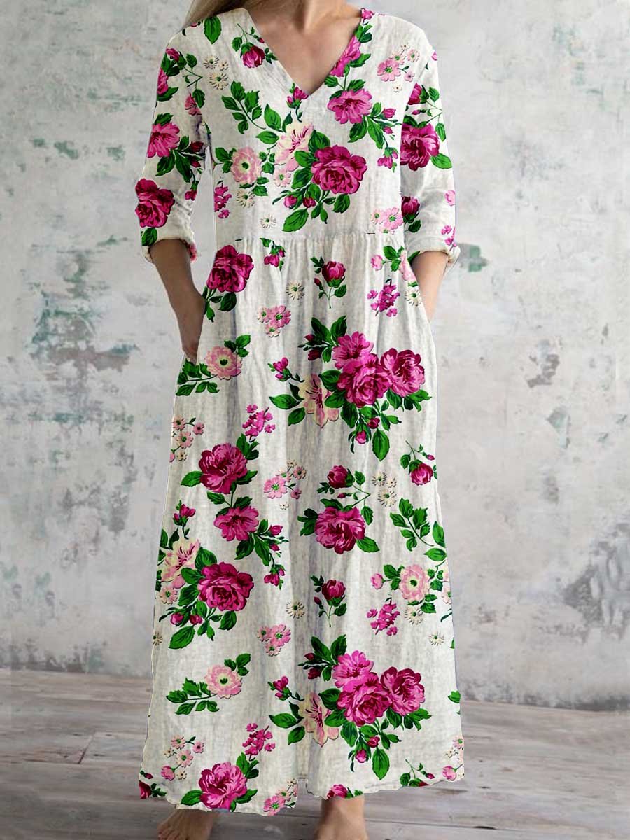 Women's Rose Floral Pattern V-Neck Cotton and Linen Dress with Pockets