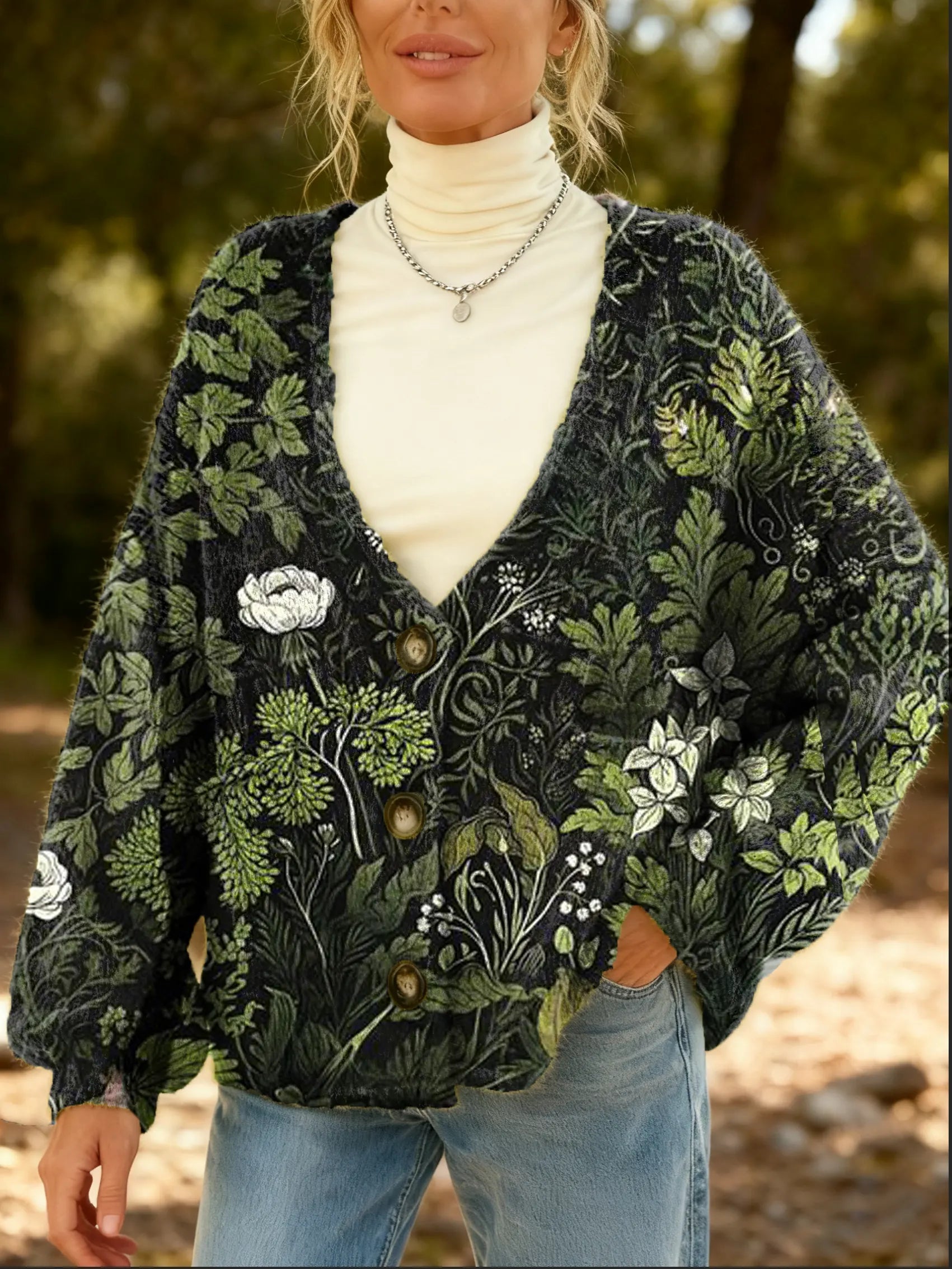 Women's Vintage Floral Pattern Art Print Cardigan with Pockets