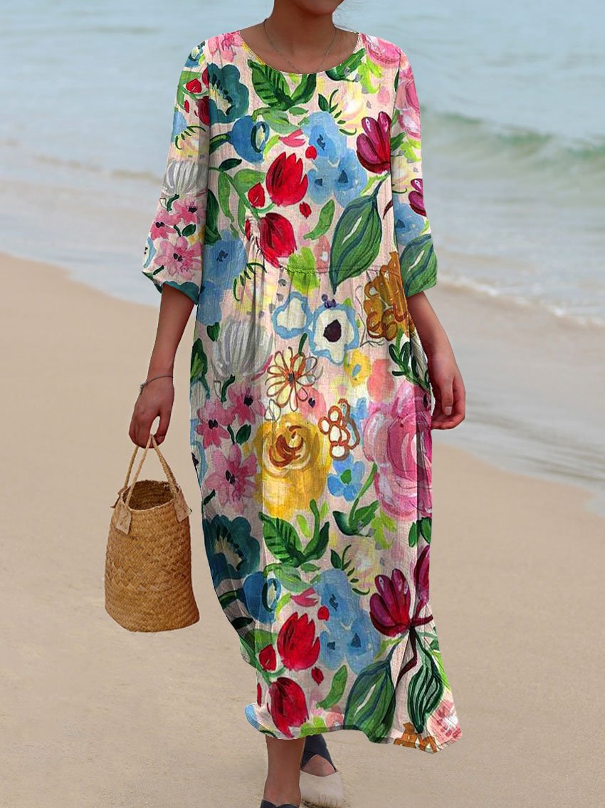 Women's Watercolor Floral Art Print Flowy Dress